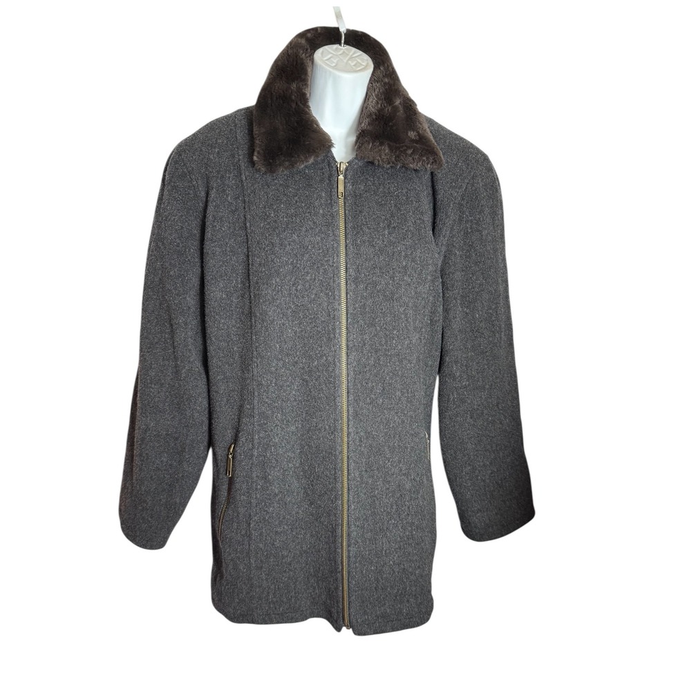 Anne Klein Coat Size 16W Gray 100% Wool Faux Fur Collar Front Zipper